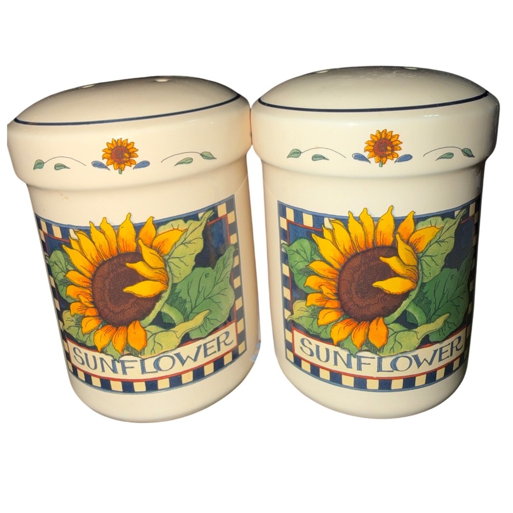 Susan Winget Sunflower Salt Pepper Shakers Set Cream Yellow Blue Ceramic